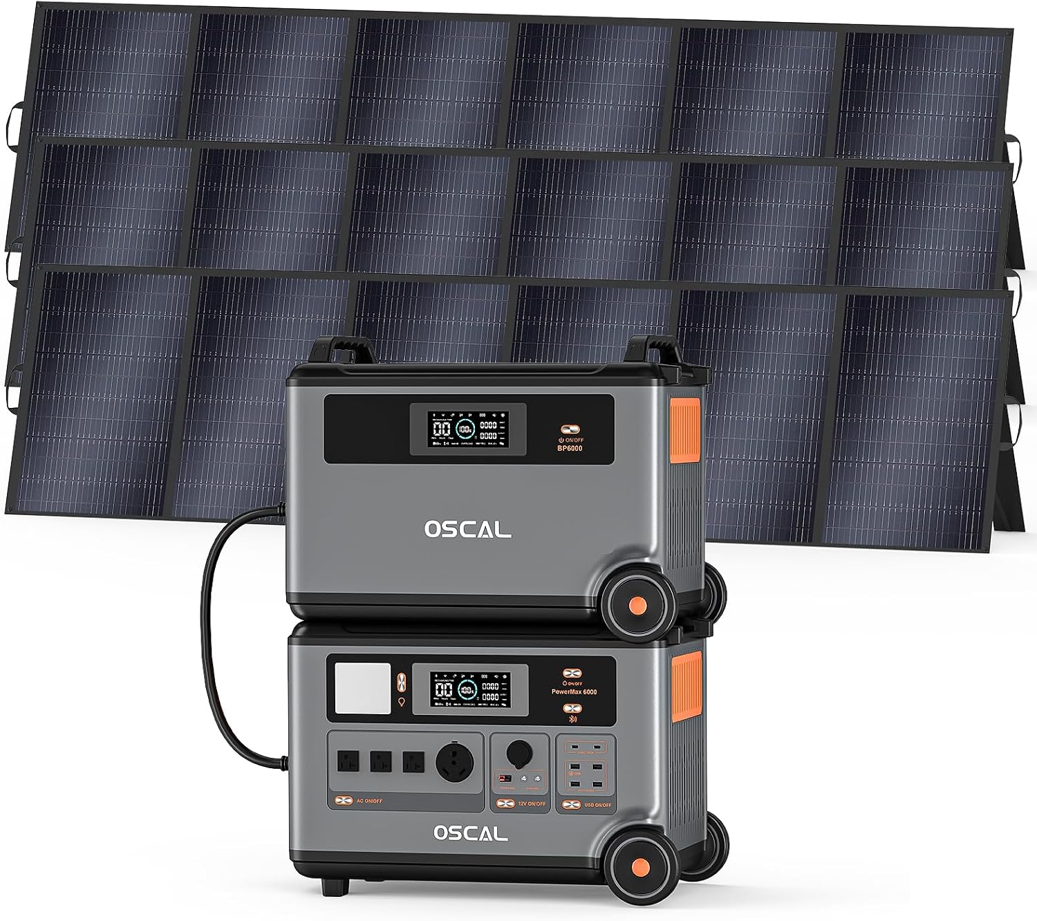 OSCAL 7200Wh Portable Power Station PowerMax 6000 with 3x500W Solar Panel, 120/240V Solar Generator, Max 6000W AC Outlets (9000W Peak), LiFePO4 Battery Power Station for Home, Camping, RV, Emergency