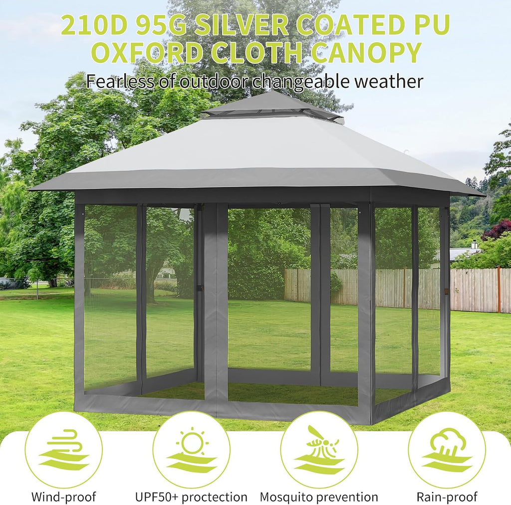 GarveeLife 10x10 Canopy Tent, Pop Up Gazebo Tent with Mosquito Netting, Outdoor Canopy with 4 Sandbags & Wheeled Bag & Height Adjustable, Pop Up Gazebo for Patio Garden Backyard Lawn Deck