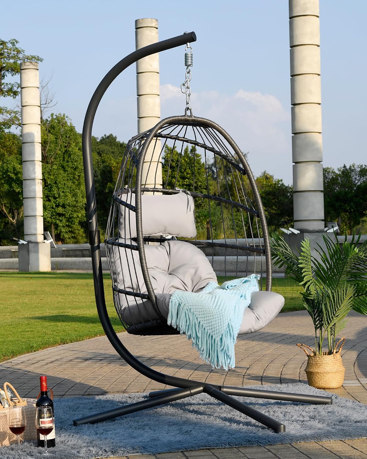 FREDEES Egg Swing Chair with Stand, Outdoor Hanging Egg Chair with Cushion for Patio/Porch/Balcony/Indoor (Light Gray)