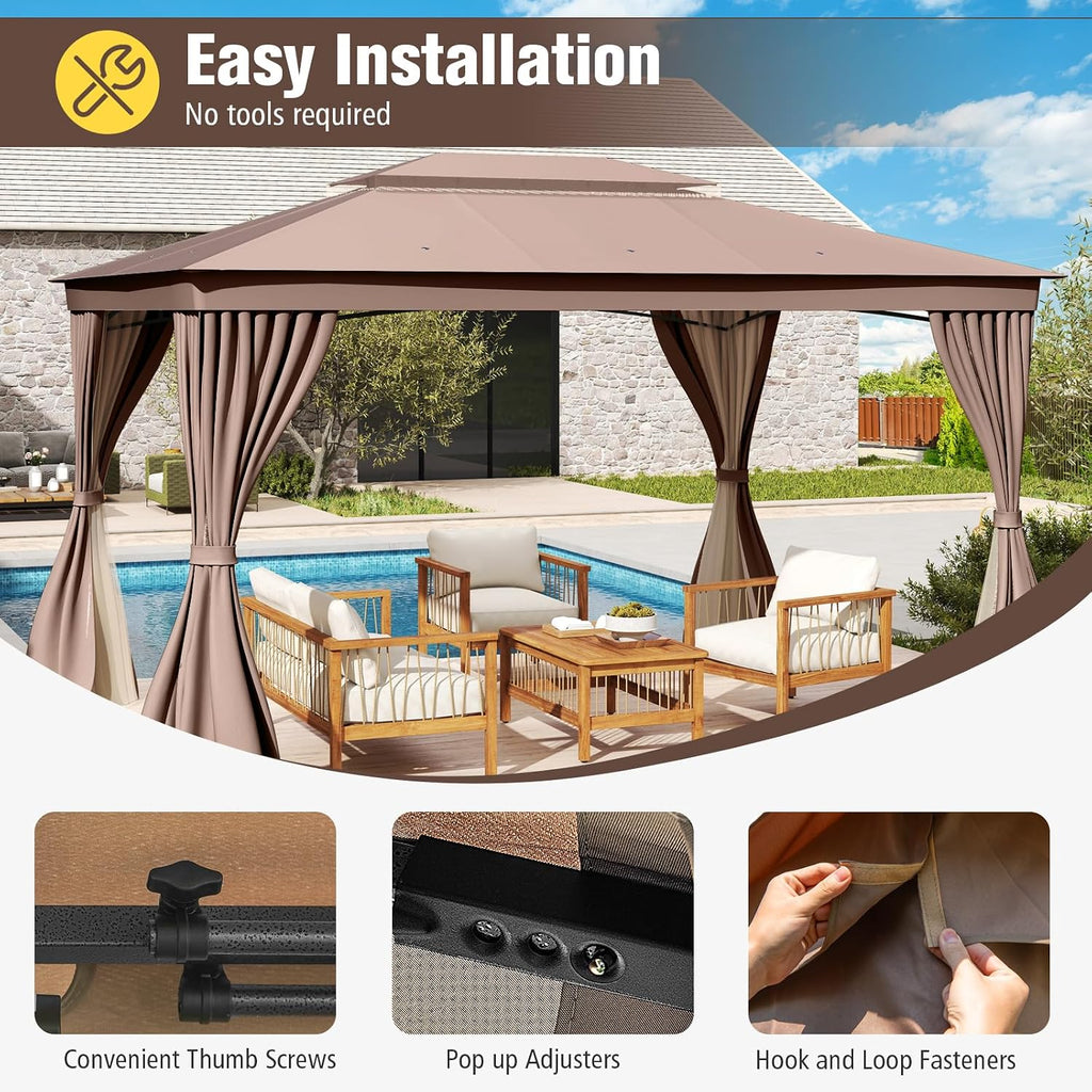 Tangkula 10x13 FT Outoor Gazebo, Metal Patio Gazebo with Mesh Netting & Privacy Curtains, Heavy-Duty Metal Frame, 2-Tier Vent for Yard Deck Poolside