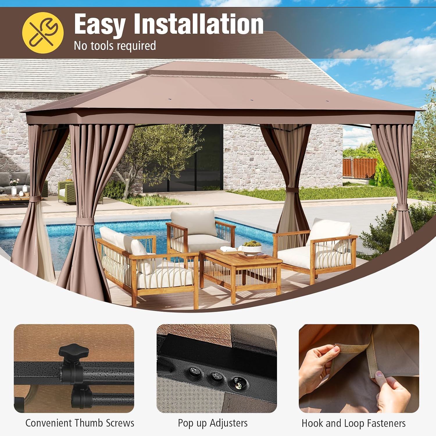 Tangkula 10x13 FT Outoor Gazebo, Metal Patio Gazebo with Mesh Netting & Privacy Curtains, Heavy-Duty Metal Frame, 2-Tier Vent for Yard Deck Poolside