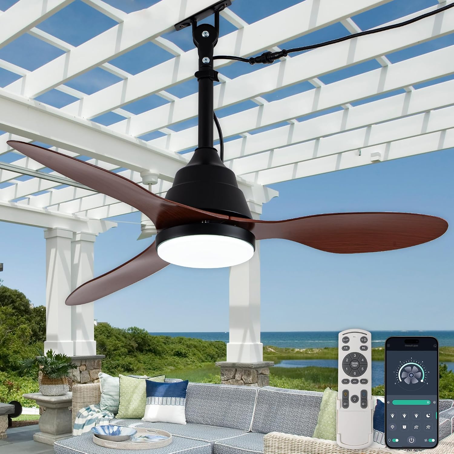 42'' Waterproof Outdoor Ceiling Fan with Lights IP65 Gazebo Fan Outdoor Hanging Wet Rated Plug in Ceiling Fan for Patio Pergola Porch Outside, APP Remote Control, Dimmable LED, 6 Speeds