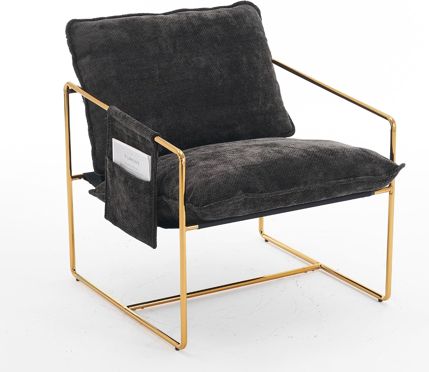 Comfy Sling Accent Chair Set of 2 Upholstered Hanging Armchairs with Pockets Metal Frame Skin-Friendly Fabric Reading Chair for Living Room Bedroom (Dark Grey Cushion & Gold Metal Frame)