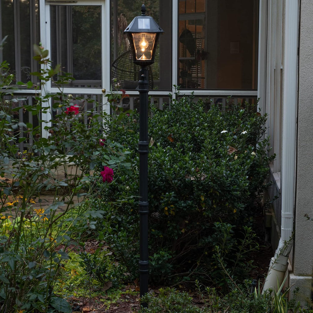 Gama Sonic Baytown II Bulb Solar Lamp Post Light Kit 77-inch Height, Outdoor Single Black Resin and Clear Lens Post Lamp with Pole and EZ Anchor In-Ground Auger, Warm White 2700K (105BSG01)
