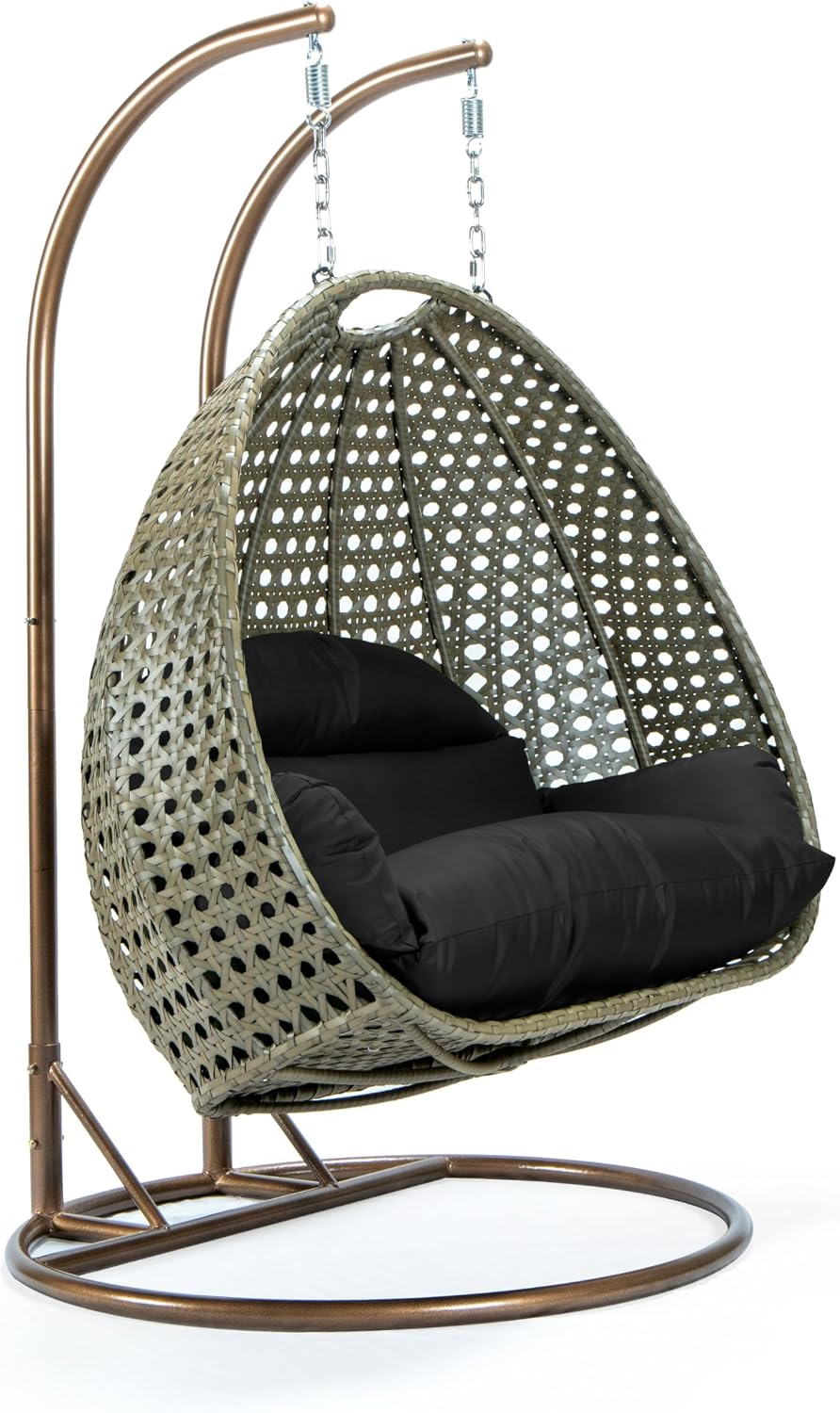LeisureMod Black Wicker 2 Person Egg Swing Chair with Beige Stand and Cushions – Double Hanging Hammock Lounge for Patio, Indoor & Outdoor Use