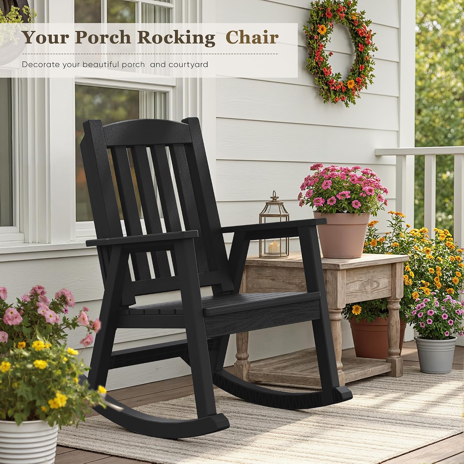 Greesum Set of 2 Outdoor Rocking Chair, 300lbs All-Weather Patio Rocker, Rust-Proof & UV-Resistant, Comfortable Smooth Glide for Deck, Porch, Lawn, or Garden, Black