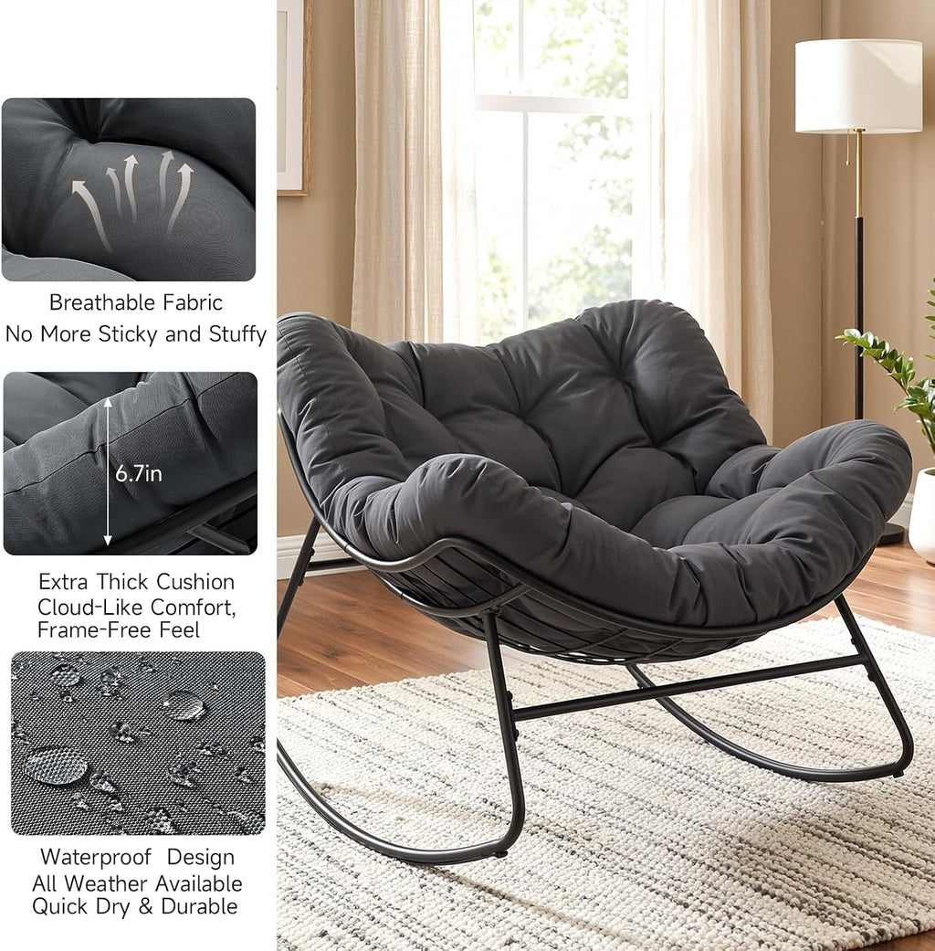 Papasan Rocking Chair Indoor, Oversized Rocking Chair with Thickened Cushion, 450 lbs Comfy Egg Chair Indoor, Lounge Reading Glider Chair for Bedroom, Dark Gray