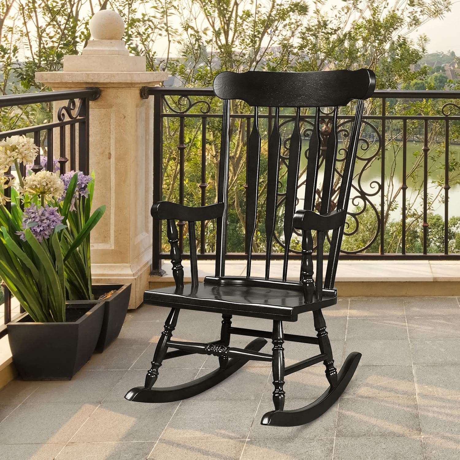 Tangkula Patio Rocking Chair Solid Rubber Wood, Outdoor Porch Rocker Chair with Rubber Wood Frame, Indoor Wooden Rocking Chair, Ideal for Garden, Backyard & Balcony (2, Black)