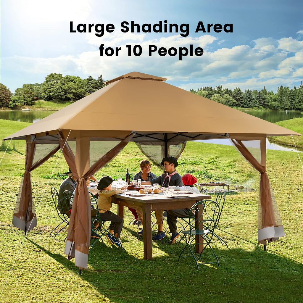 Tangkula 13x13 Ft Pop Up Gazebo with Netting, 2 Tier Patio Gazebo with Center Lock, Mesh Sidewalls, 4 More Ribs, Wheeled Bag, Easy Setup Instant Outdoor Shelter for Garden, Deck, Backyard, UPF50+
