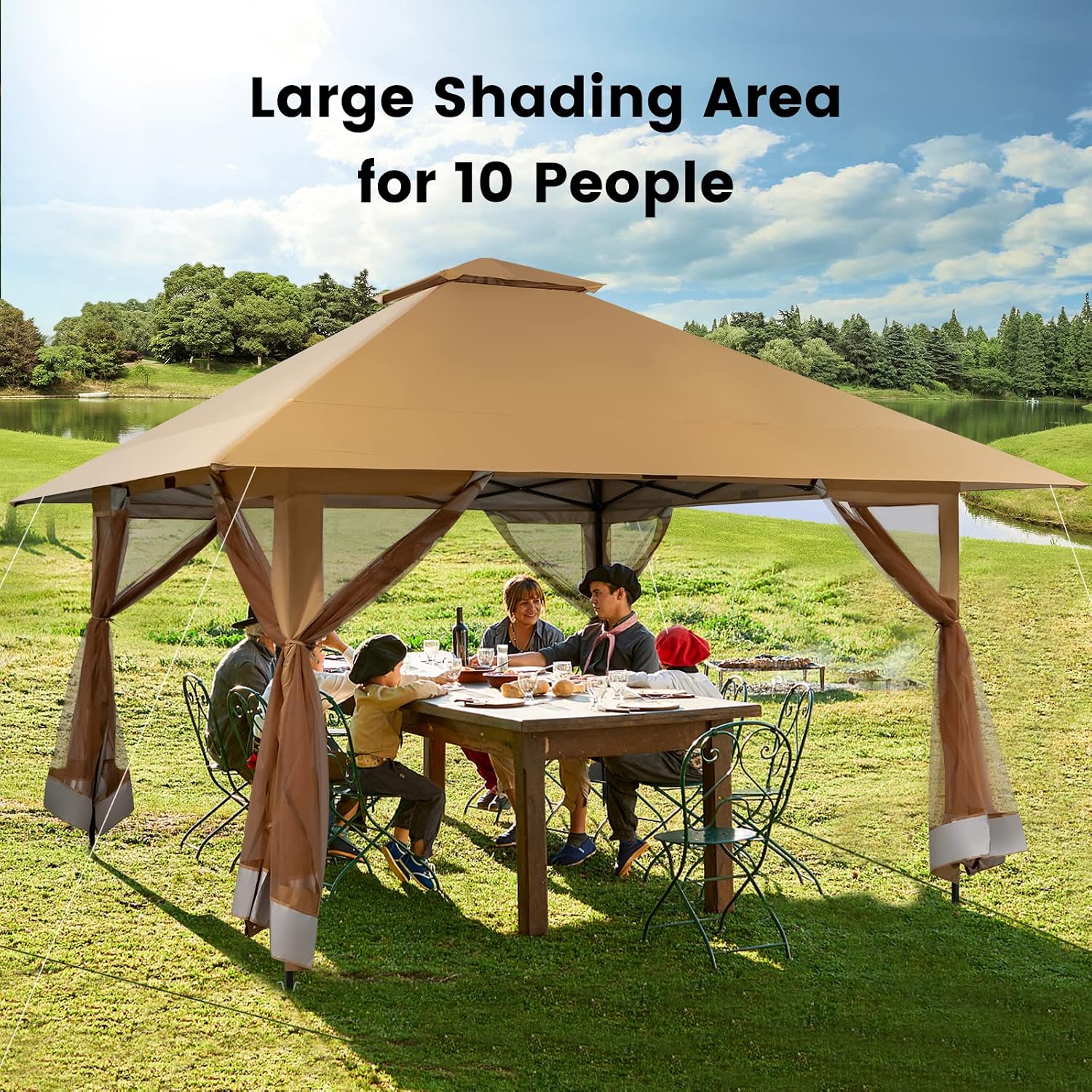 Tangkula 13x13 Ft Pop Up Gazebo with Netting, 2 Tier Patio Gazebo with Center Lock, Mesh Sidewalls, 4 More Ribs, Wheeled Bag, Easy Setup Instant Outdoor Shelter for Garden, Deck, Backyard, UPF50+