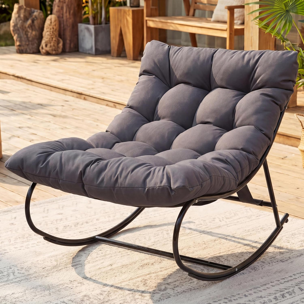 Oversized Double Papasan Rocking Chair Set of 2 with Ottoman, Egg Shaped Patio Lounge Chair with Thick Soft Cushion, Outdoor Relaxation Furniture for Porch, Backyard, Garden, Balcony, Grey