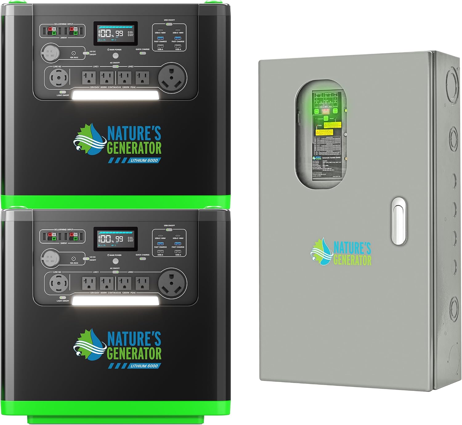 Natures Generator 2 Packs 3840Wh Solar Generator + 50A Automatic Transfer Switch, Lithium Batteries, 6000W Power Station for Home Backup, RVs, Emergencies, Power Outages, and Outdoor Camping