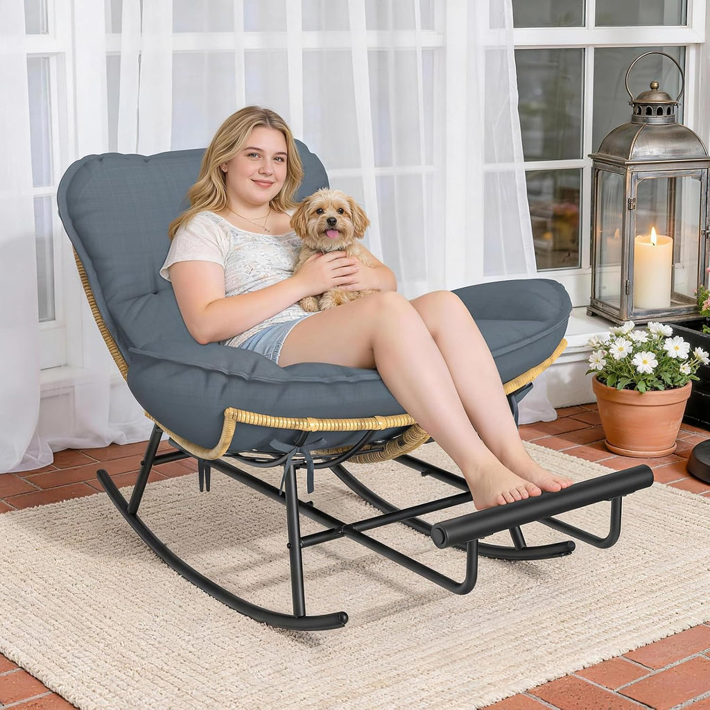ZENPETIO Outdoor Rocking Chair - Oversized Metal Frame Papasan Rocking Chair with All Weather PE Wicker Rattan Rocker and Footrest for Patio, Balcony, Porch, Lawn and Living Room - Grey