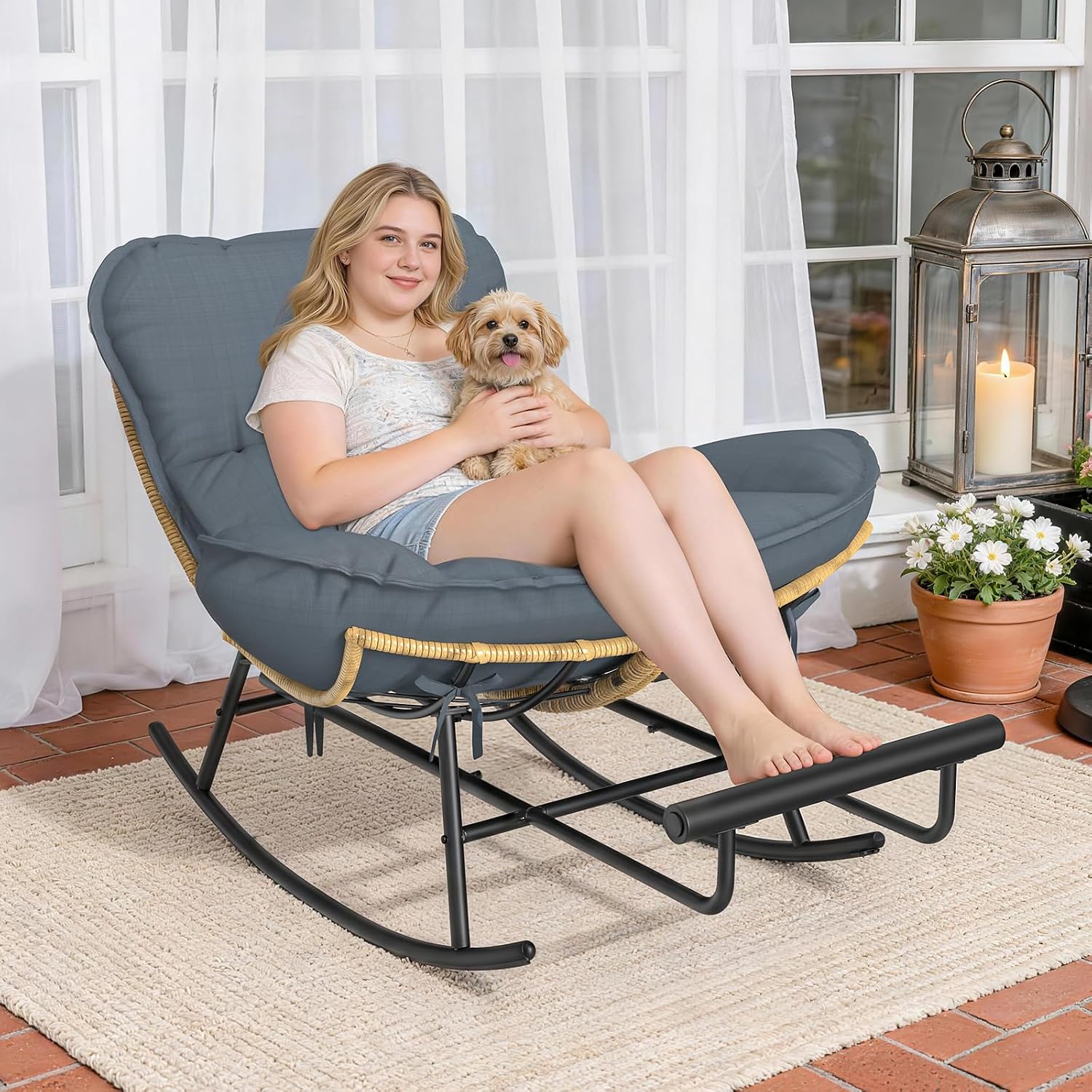 ZENPETIO Outdoor Rocking Chair - Oversized Metal Frame Papasan Rocking Chair with All Weather PE Wicker Rattan Rocker and Footrest for Patio, Balcony, Porch, Lawn and Living Room - Grey
