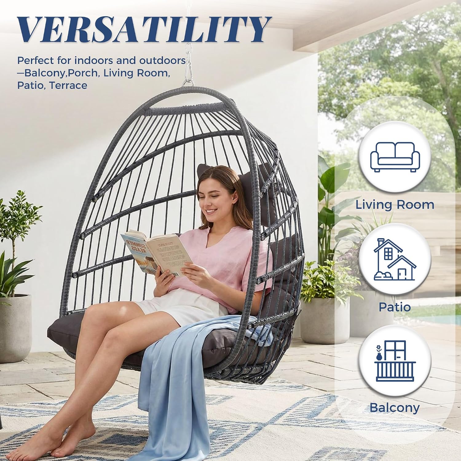 BULEXYARD Hanging Egg Chair Without Stand 350lbs Capacity, Grey Wicker Swing Egg Chair with Dark Grey Cushion for Indoor/Outdoor Patio Porch Balcony, Foldable Hammock & Tree/Ceiling/Beam Mount