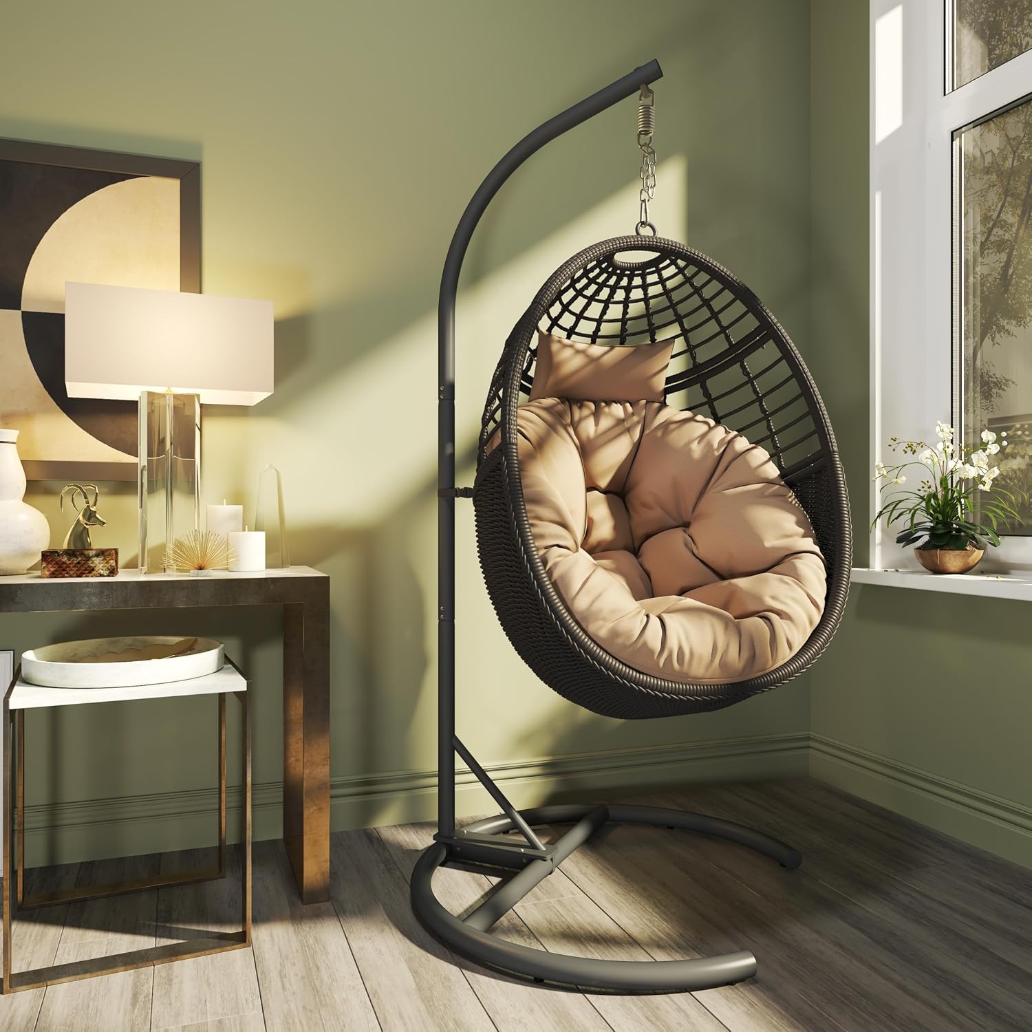 Hanging Egg Chair Hammock with Stand Wicker Rattan for Indoor Outdoor Patio Bedroom Swing with Steel Frame and Soft Cushion