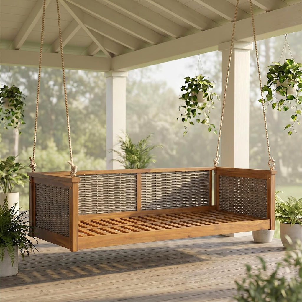 Acacia Wood & Rattan Twin Size Outdoor Swing Bed with Hanging Ropes - 3 Color Options for Backyard or Porch Relaxation (Teak/RR)