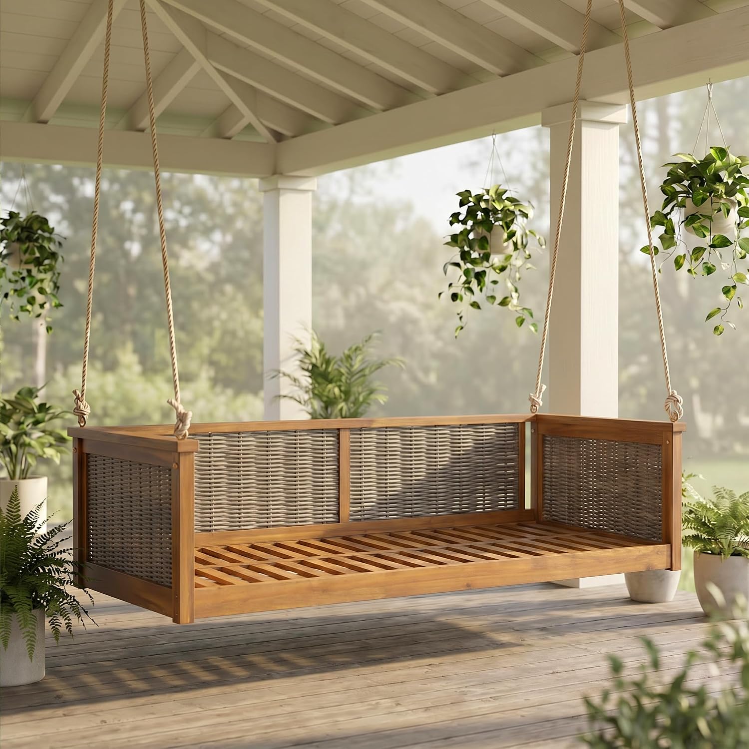 Acacia Wood & Rattan Twin Size Outdoor Swing Bed with Hanging Ropes - 3 Color Options for Backyard or Porch Relaxation (Teak/RR)