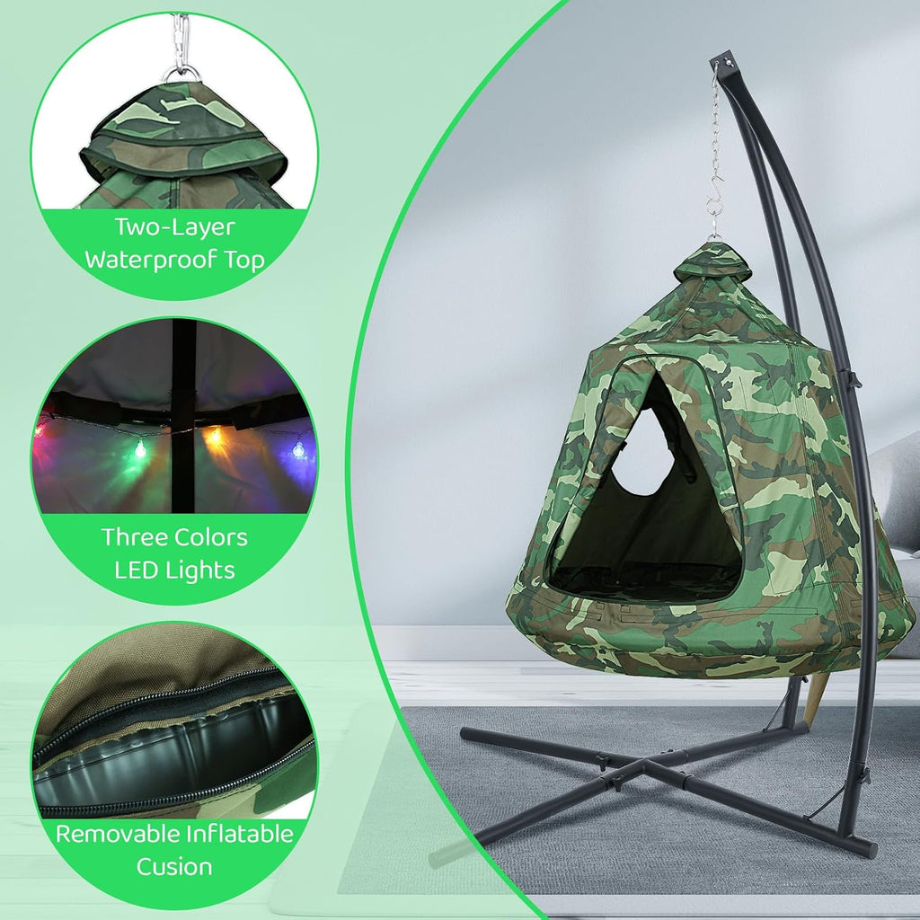 Arlopu Hanging Hammock w/Tree Tent, Indoor Metal Swing Chair w/Play Tent, Outdoor Egg Basket Patio Seat w/Adjustable Solid Stand (Camouflage)