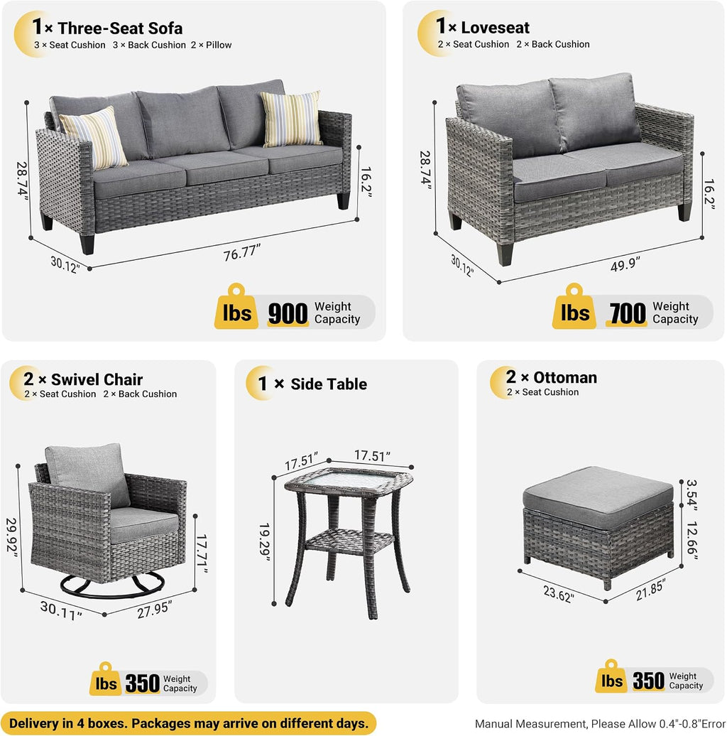 ovios 7-Pieces Patio Furniture Set, Outdoor Wicker Sofa Couch with Swivel Glider Chairs Loveseat Comfy Cushions Modern Conversation Set for Backyard Porch, Dark Grey