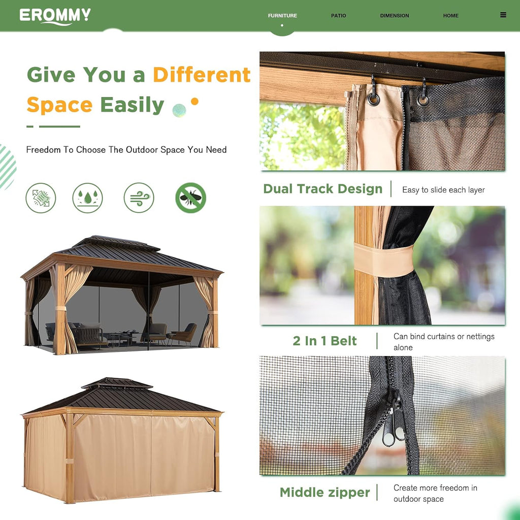 EROMMY 12x14 Gazebo, Wooden Finish Frame Gazebos with Galvanized Steel Roof for Patio & Backyard