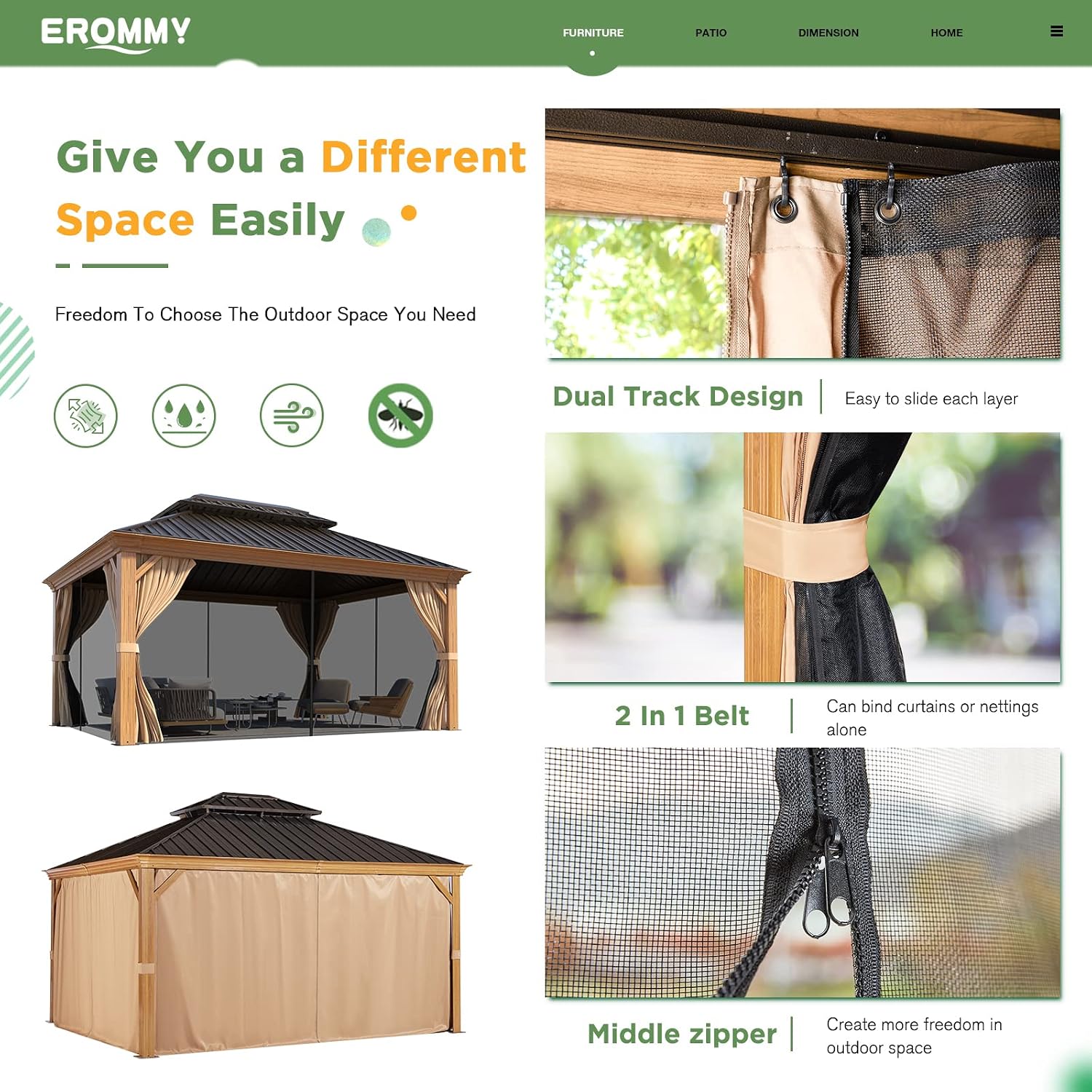 EROMMY 12x14 Gazebo, Wooden Finish Frame Gazebos with Galvanized Steel Roof for Patio & Backyard