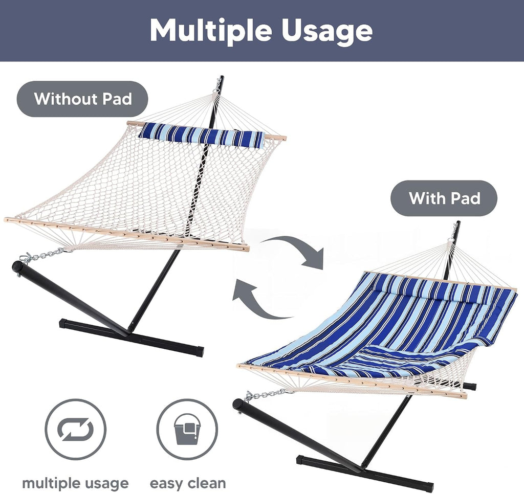 SUNCREAT Hammock Double Hammock with Stand, Carrying Bag, Two Person Cotton Rope Hammock, Blue Stripe