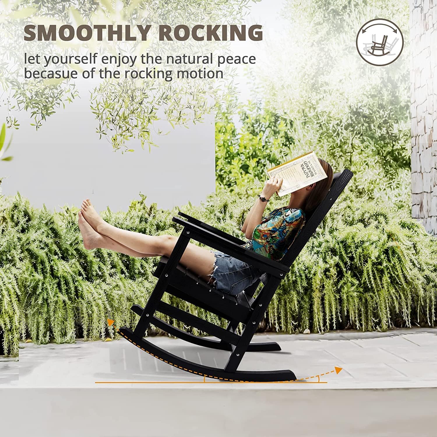 LUE BONA Outdoor Rocking Chairs Set of 2, Weather Resistant Poly Plastic Rocker, 350lb Heavy Duty, Oversized Porch Rocker for Adult, High Back Smooth for Outdoor & Indoor, Black