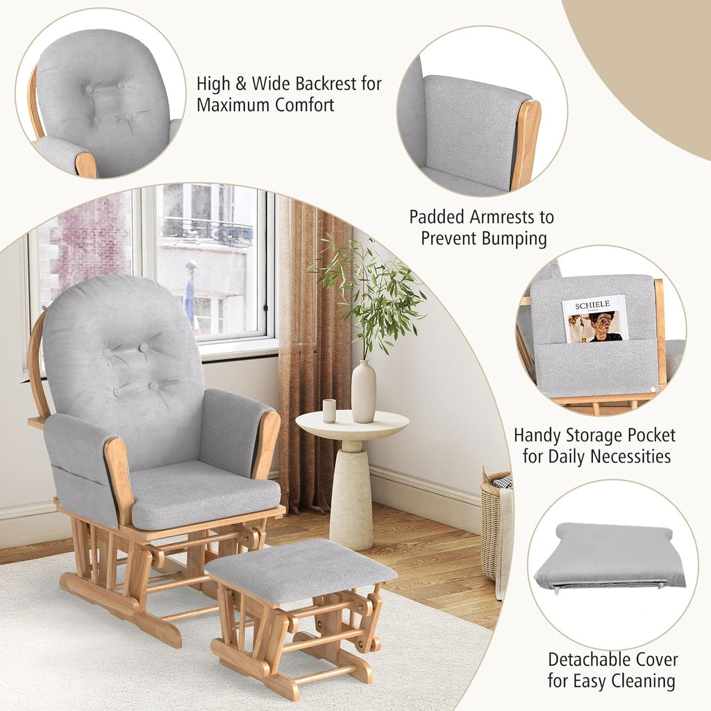 Costzon Nursery Glider with Ottoman, Upholstered Comfort Glider Rocker with Padded Cushion, Storage Pocket, Solid Wood Base, Rocking Chair Nursery for Breastfeeding, Napping (Natural)