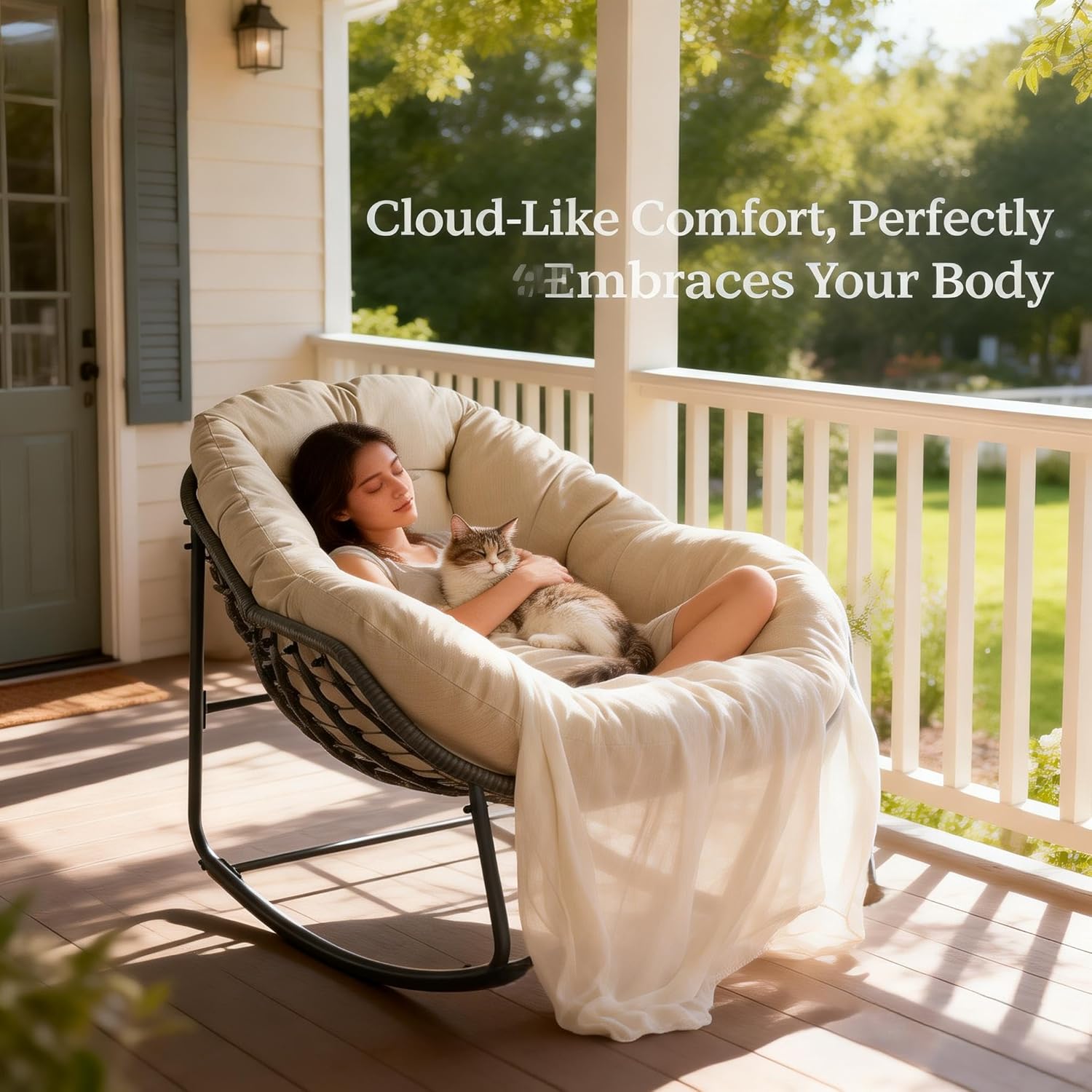 YDcosyfy Oversized Outdoor Papasan Rocking Chair with Soft Cushion, Comfy Patio Egg Chair, Wicker Lounge Rocker for Balcony/Porch/Garden, Reinforced All Weather Rattan Frame, 330 lbs Support, Beige