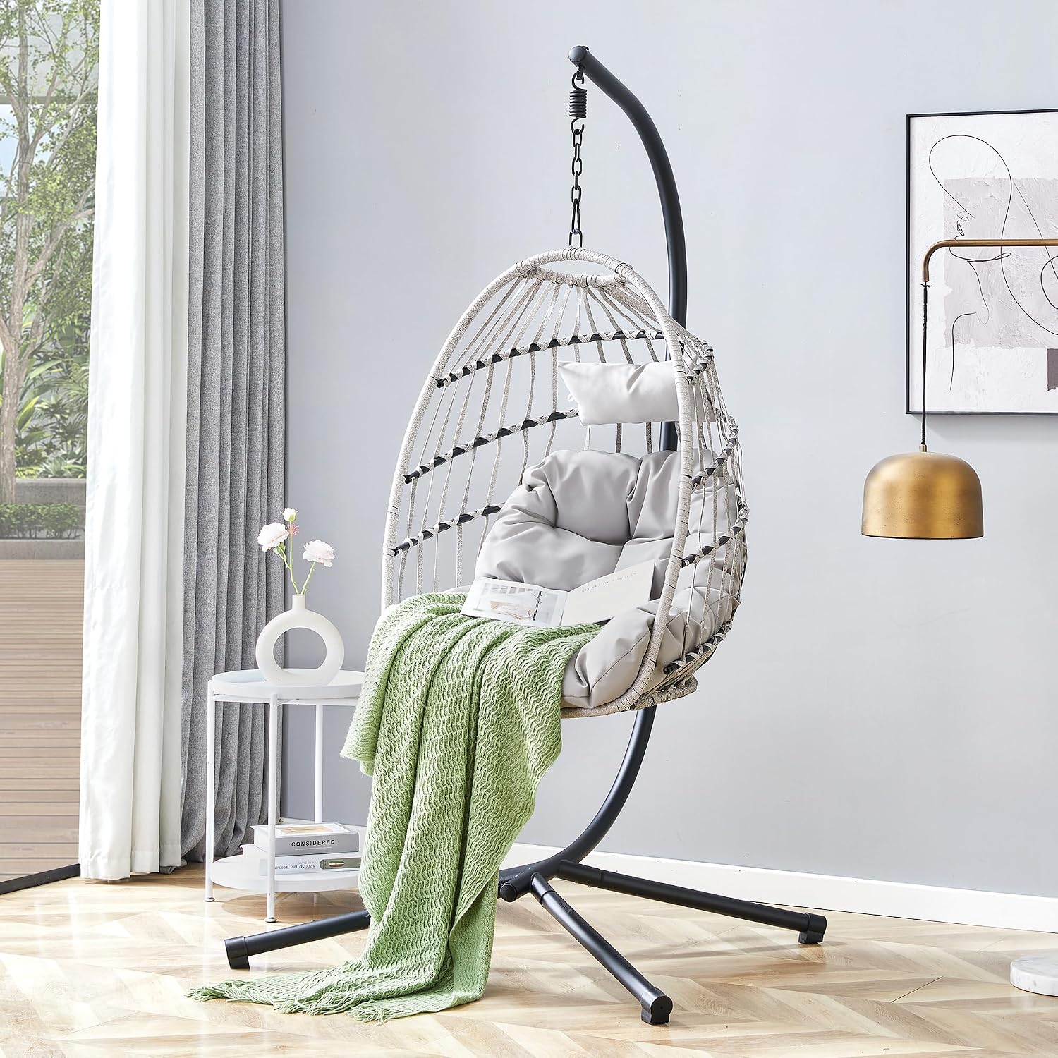 Egg Swing Chair with Stand, Indoor Outdoor Hanging Egg Chair with Thickened Metal Frame and Cushion, Patio Wicker Swinging Hammock Chair for Bedroom, Porch, Garden, Balcony (Gray)