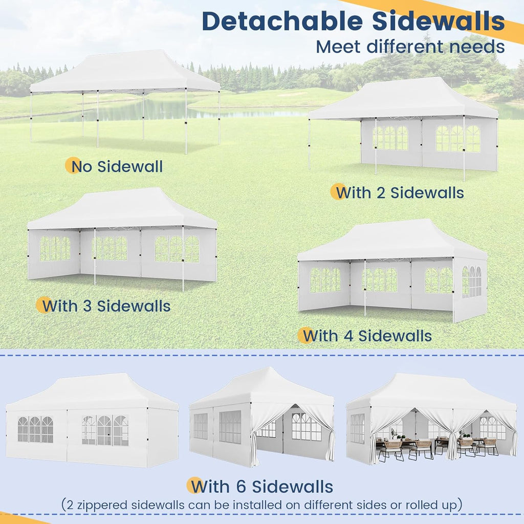 HAPPYGRILL 10x20FT Pop-up Canopy with Detachable Sidewalls, Instant Canopy Tent with Carrying Bag, UPF50+ Sun Protection, Easy Setup Gazebo for Outdoor Party Wedding, White