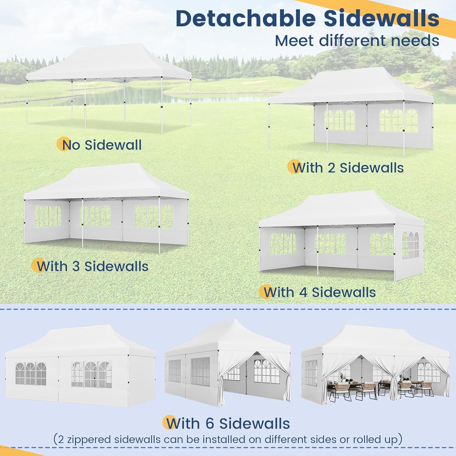 HAPPYGRILL 10x20FT Pop-up Canopy with Detachable Sidewalls, Instant Canopy Tent with Carrying Bag, UPF50+ Sun Protection, Easy Setup Gazebo for Outdoor Party Wedding, White