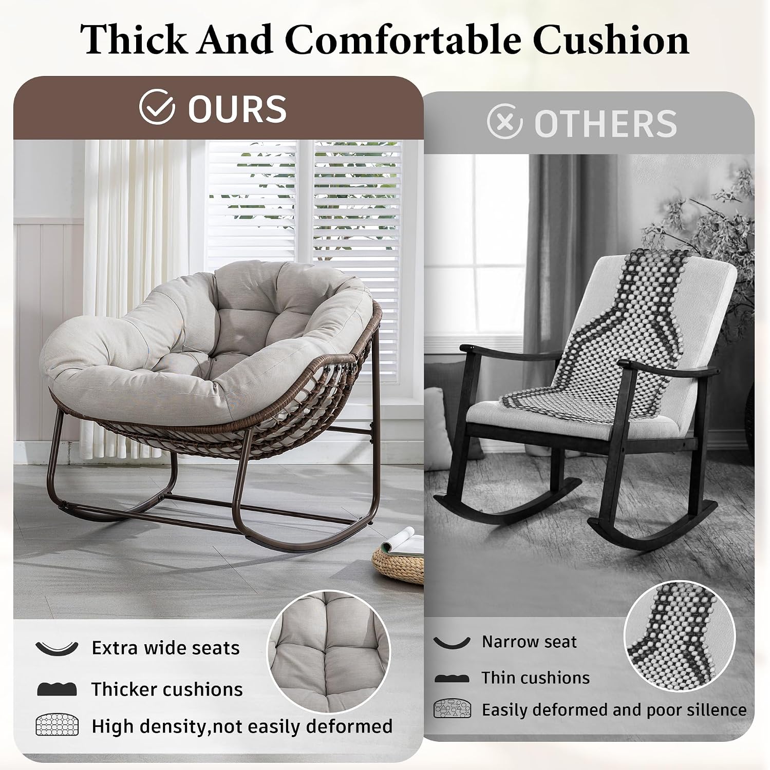 Large Indoor Outdoor Rocking Chair, Oversized Rocking Papasan Chair with Thick Cushion and Frame Outdoor Rocker, Comfy Wicker Egg Chairs Lounge for Outside Porch Patio Backyard (Beige, Set of 2)