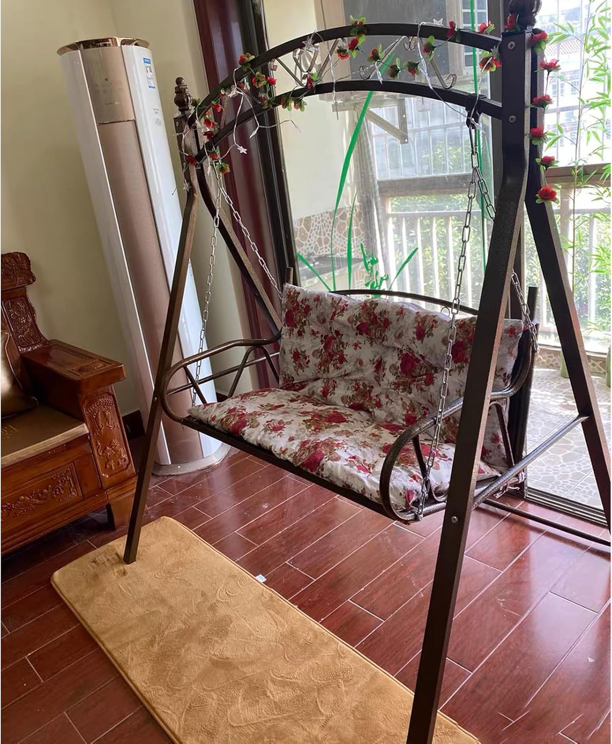 Upgraded Metal Patio Porch Swing with A-Frame Stand Heavy Duty Metal Hanging Porch Swing Chair Patio Hanging Bench Swing with Adjustable Chains for Garden, Balcony, Living Room (Brown)