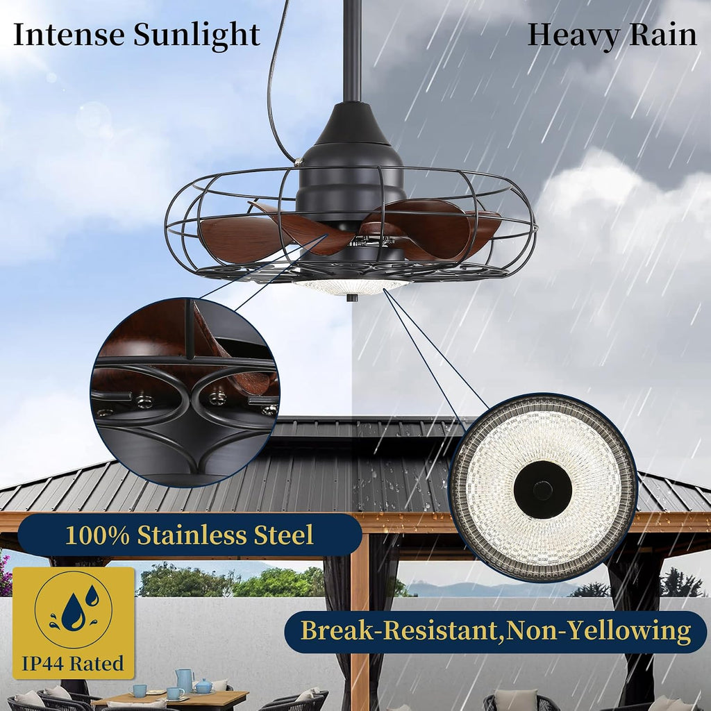 Gazabo Fan Outdoor Ceiling Fans for patios 21'' Outdoor Hanging Fan for Gazebo, Plug in Caged Lighting for Pergola Canopy,Hanging with Hook, Remote with 3 Color LED Gazabo Lights, IP44 Waterproof