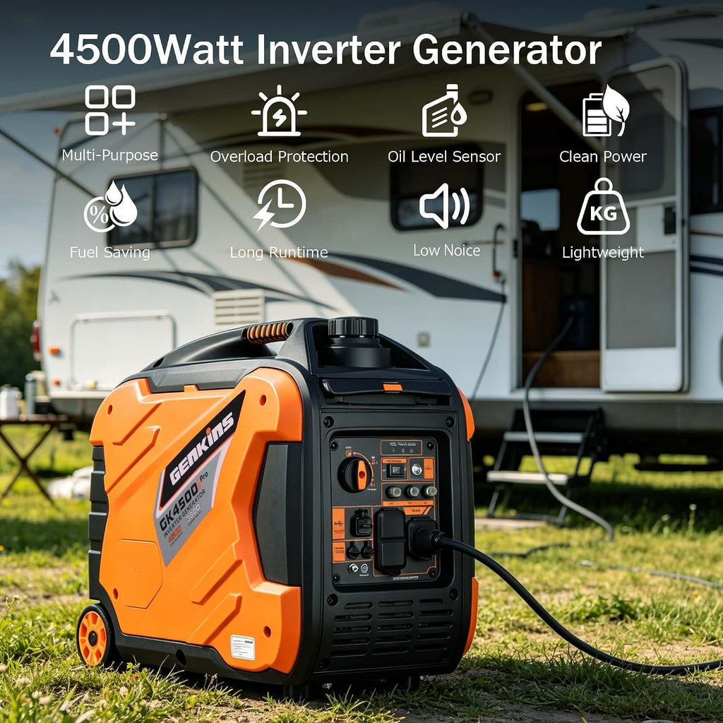 Genkins Portable Inverter Generator 4500W Gas Powered Pure Sine Wave Lightweight Quiet Parallel Capability for Camping RV Home Backup
