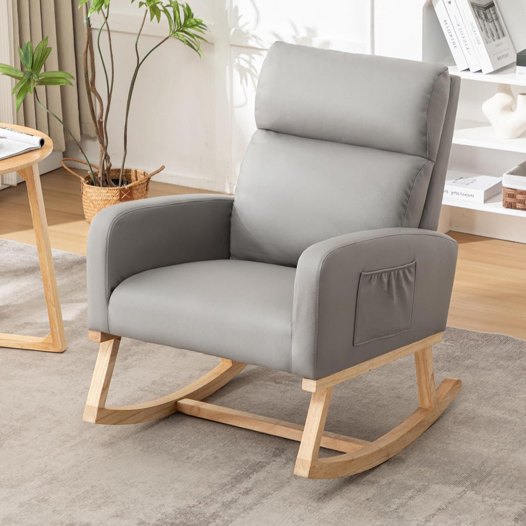 Rocking Chair Nursery, Uplostered Leather Rocker Nursing Chairs with Wood Legs and Side Pocket, Comfortable Glider Roking Chair for Nursery, Living Room, Bedroom,Teddy, Leather Grey