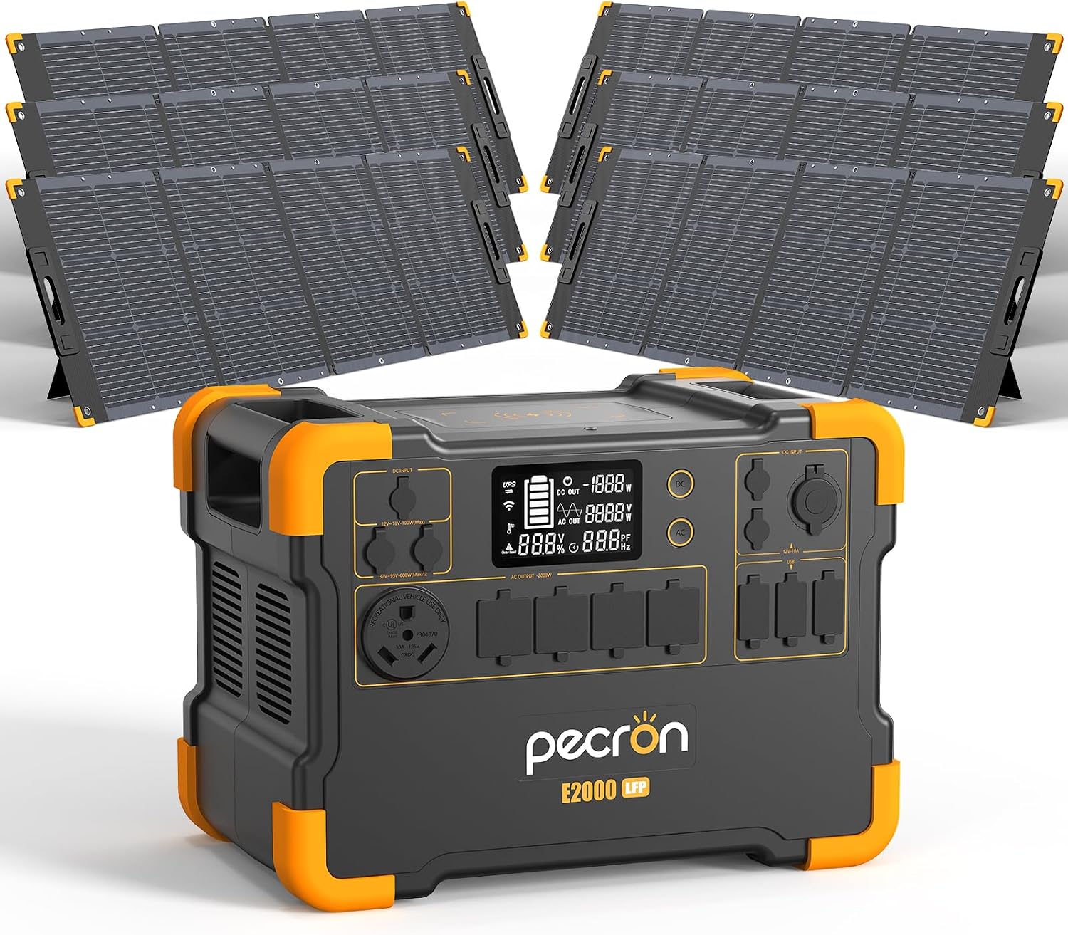 PECRON Solar Generator with 6x200W Solar Panels, 1920Wh LiFePO4 Battery, 2000W AC/100W USB-C Output Portable Power Station, Fast Charging Power Station with 30AMP RV Outlet for Camping, Home