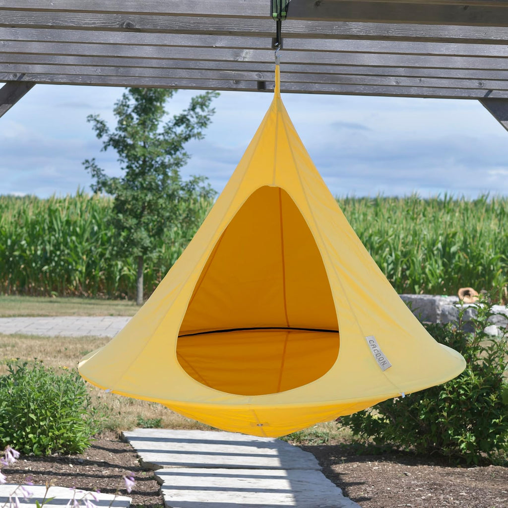 Double Cacoon Hanging Chair for Two – Cozy Indoor/Outdoor Hammock with Polyester Canvas, 440 lb Capacity, Includes 18ft Rope & Carabiner (Lemonade)