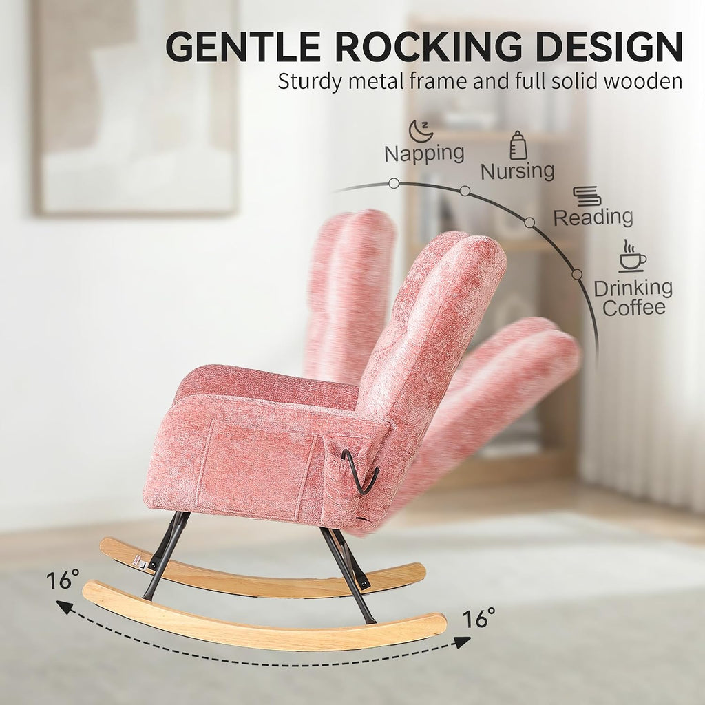 Rocking Chair with Airbag, Comfy Modern Reading & Nursing Nursery Rocking Chair Indoor, Cozy Upholstered Glider Rocker Chairs for Living Room Bedroom Offices, (Chenille, Pink)