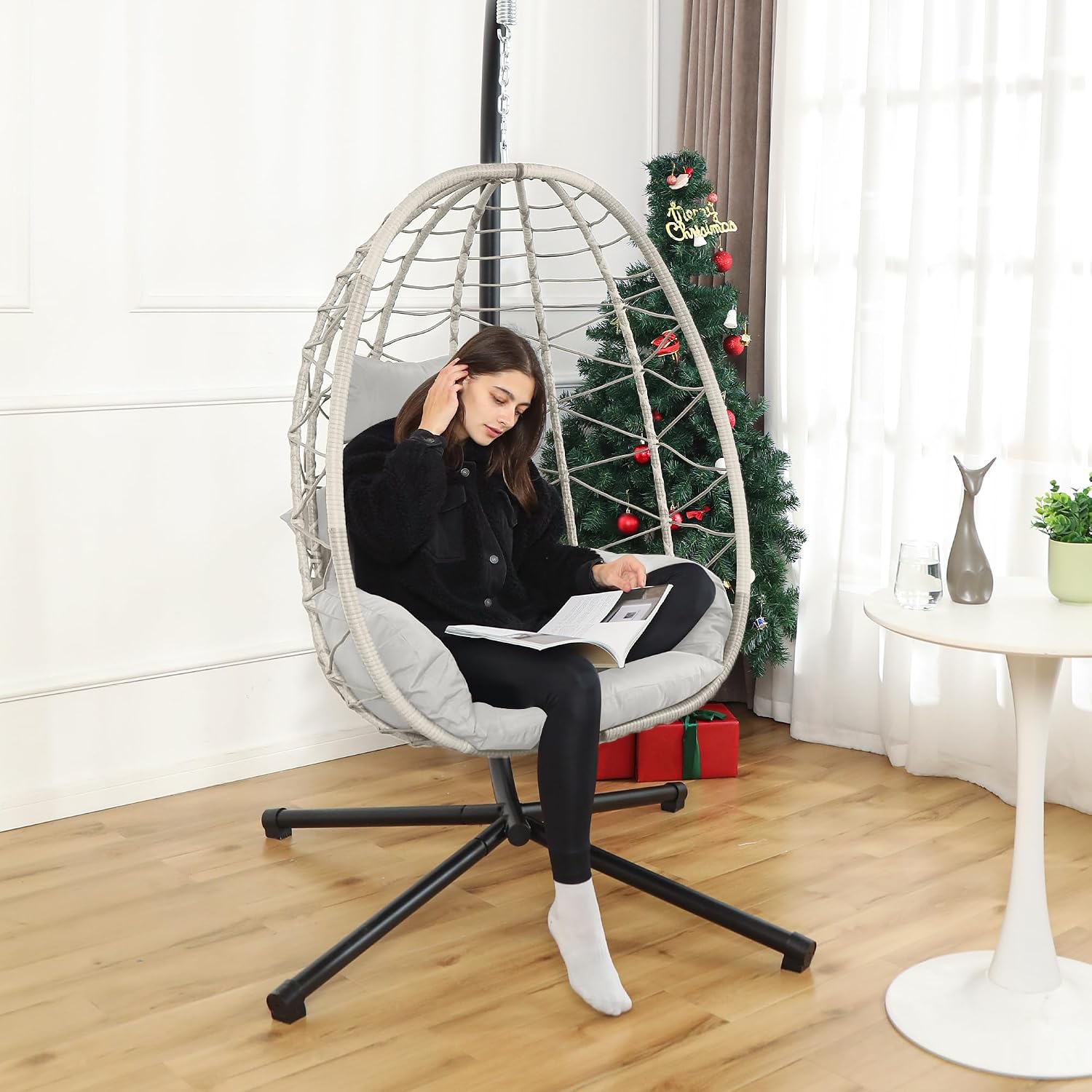 DoubleTT Egg Chair with Stand, Swing Chair Hanging Chair Nest Basket, UV Resistant Removable & Washable Cushions,350LBS Capacity for Bedroom, Balcony, Garden（BE-LG