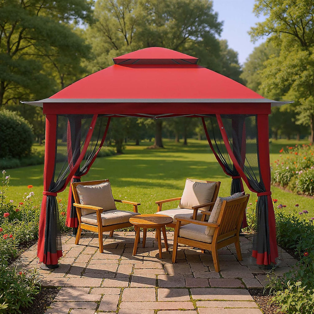 Pop Up Gazebo 11x11, Outdoor Instant Canopy Shelter Tent with Mosquito Netting Metal Frame Storage Bag for Patio Garden Backyard.(Red)