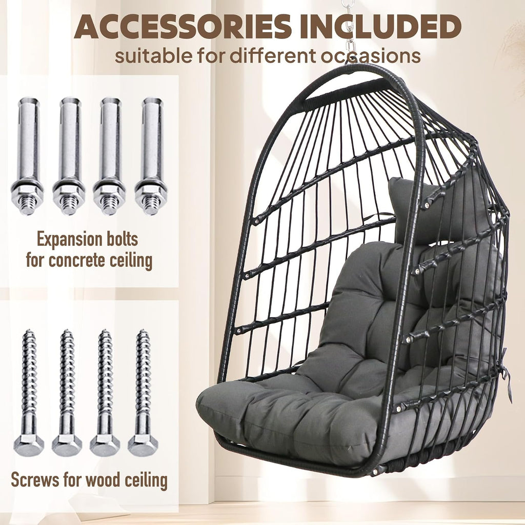 Chihee Egg Chair Foldable Wicker Rattan Hanging Swing Chairs Indoor Outdoor Patio Wicker Chair Hammock Chair with Stainless Steel Hanging Kit Chain Link UV Resistant Cushion Bedroom Balcony