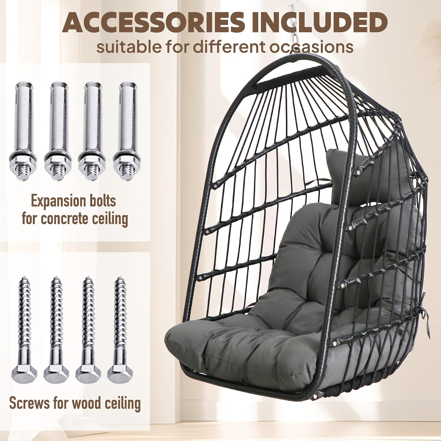 Chihee Egg Chair Foldable Wicker Rattan Hanging Swing Chairs Indoor Outdoor Patio Wicker Chair Hammock Chair with Stainless Steel Hanging Kit Chain Link UV Resistant Cushion Bedroom Balcony