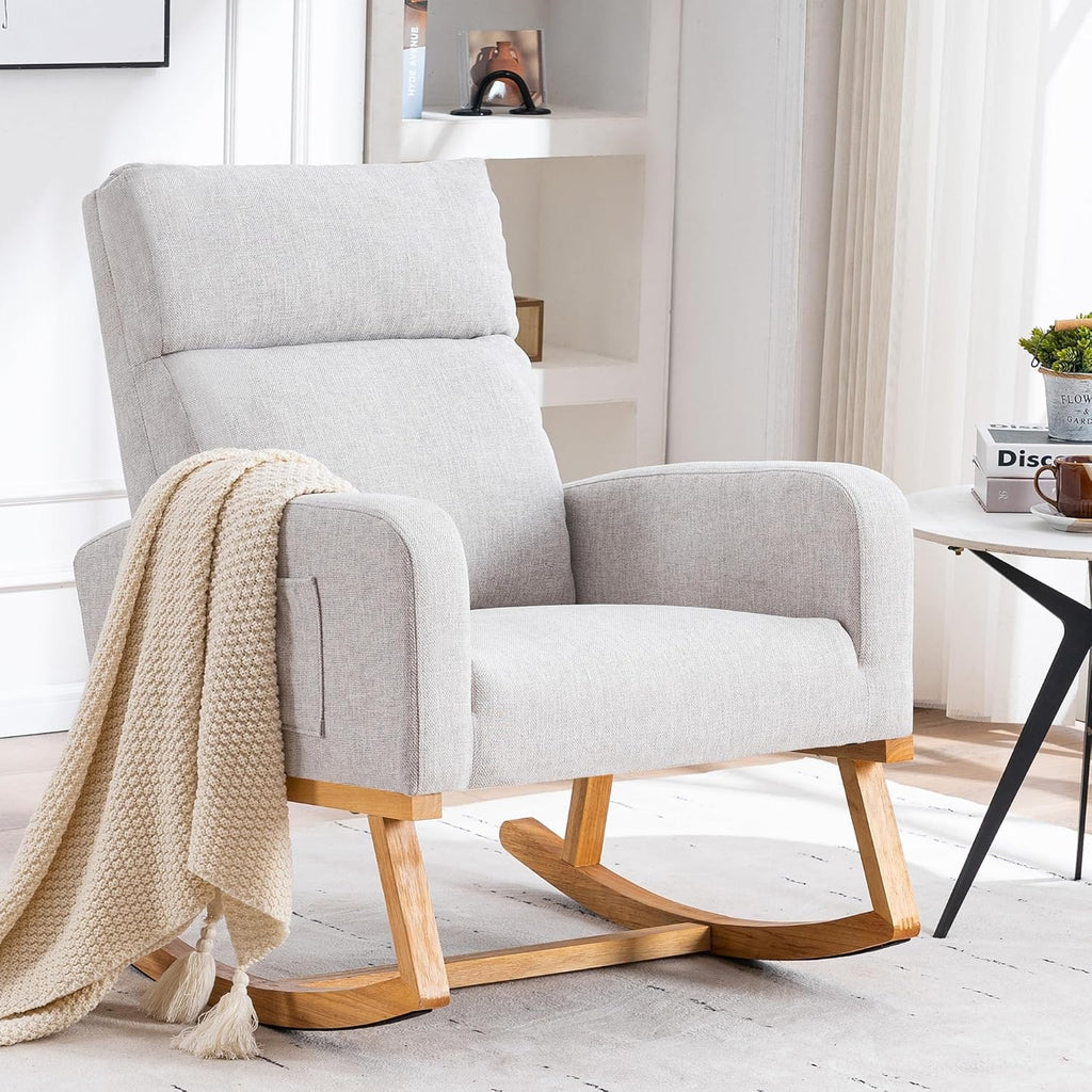 Rocking Glider Chair Nursery, Nursing Rocker Armchair with Rubber Wood Legs and Side Pocket for Living Room, Bedroom, Grey