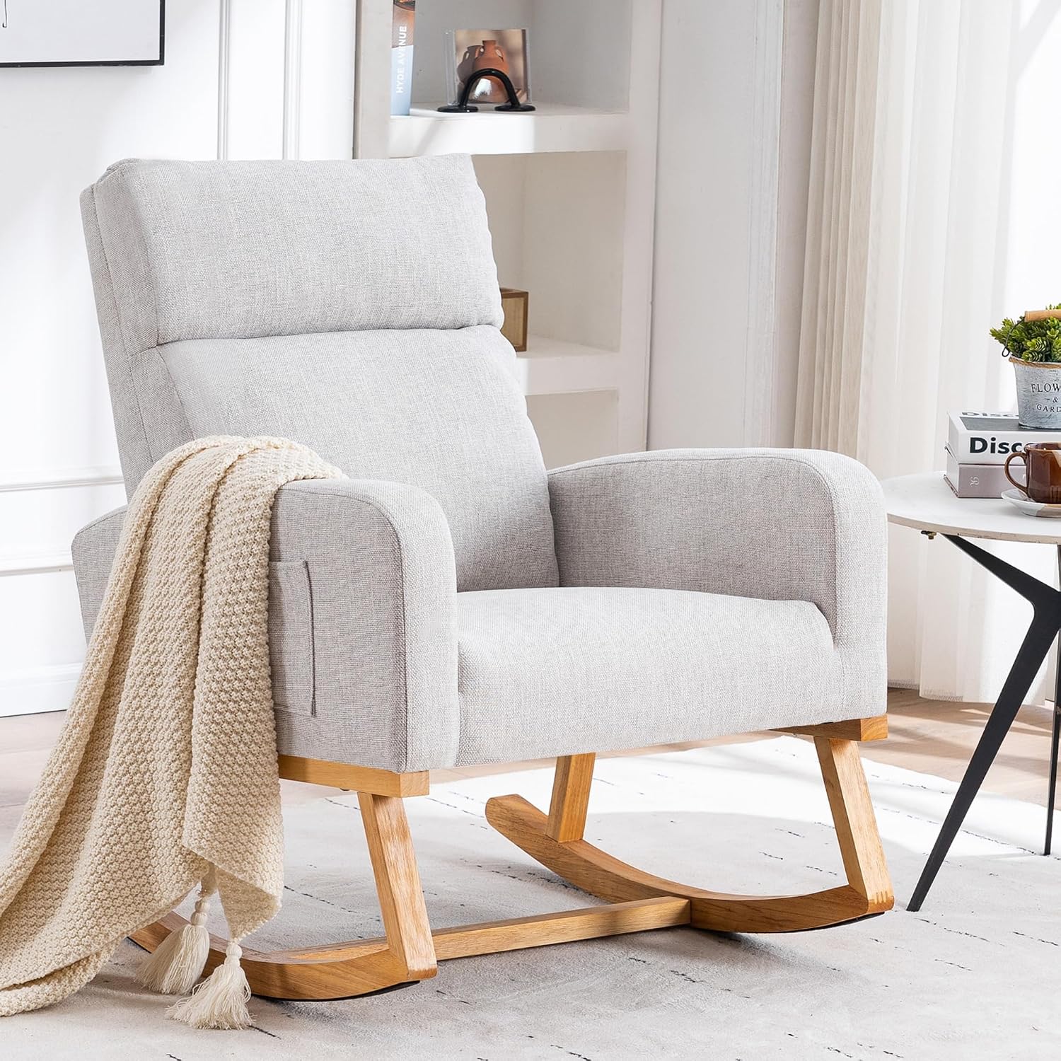 Rocking Glider Chair Nursery, Nursing Rocker Armchair with Rubber Wood Legs and Side Pocket for Living Room, Bedroom, Grey