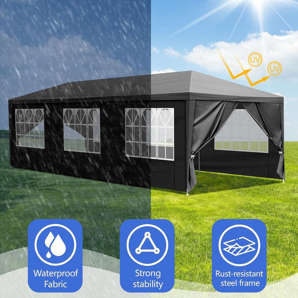 Party Tent for Outdoor Wedding, Birthday, Event, Patio - Gazebo Carport Canopy Shade With Removable Sidewalls & Transparent Window (10'x30'/8 Sidewalls Black)