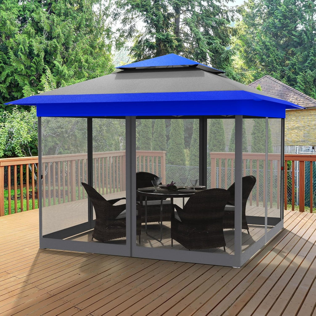 MAMIZO 13ft Pop Up Gazebo, Outdoor Instant Canopy Tent w/4 Netting Sidewall & Auto Extending Eave, Patio Gazebos Shelter w/Mesh Wall, Center Lock, Wheeled Bag for Garden, Yard (Blue, 13X13FT)