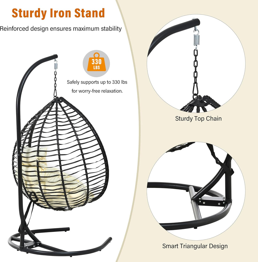 Qwork Hanging Egg Chair with Stand, Modern Foldable Wicker Swing Chair, Deep Seat Hammock with Creamy Beige Cushion, 330lbs Heavy Duty for Living Room, Bedroom, Patio (Black Frame + Beige Cushion)
